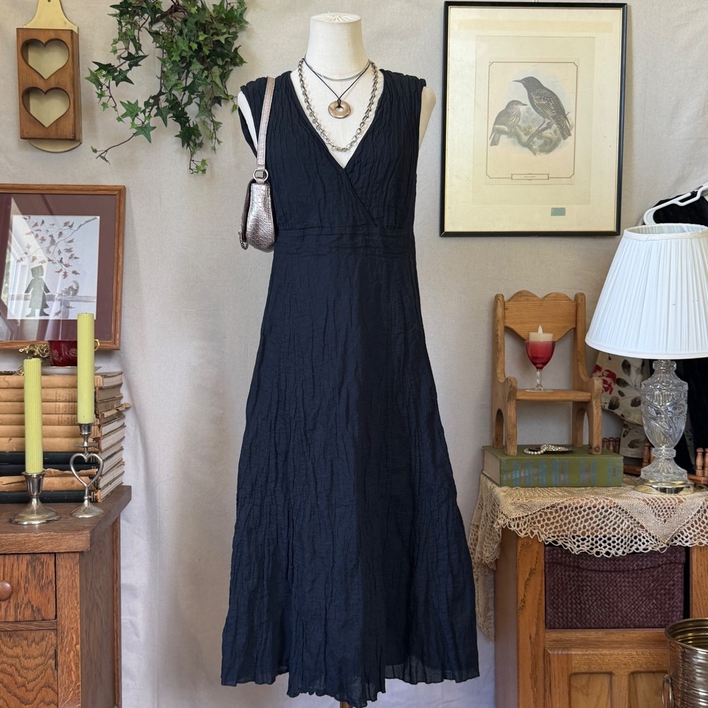 Black Crinkle Metallic Maxi Dress Dark Romantic Goth Whimsigoth M/L Girly Grunge